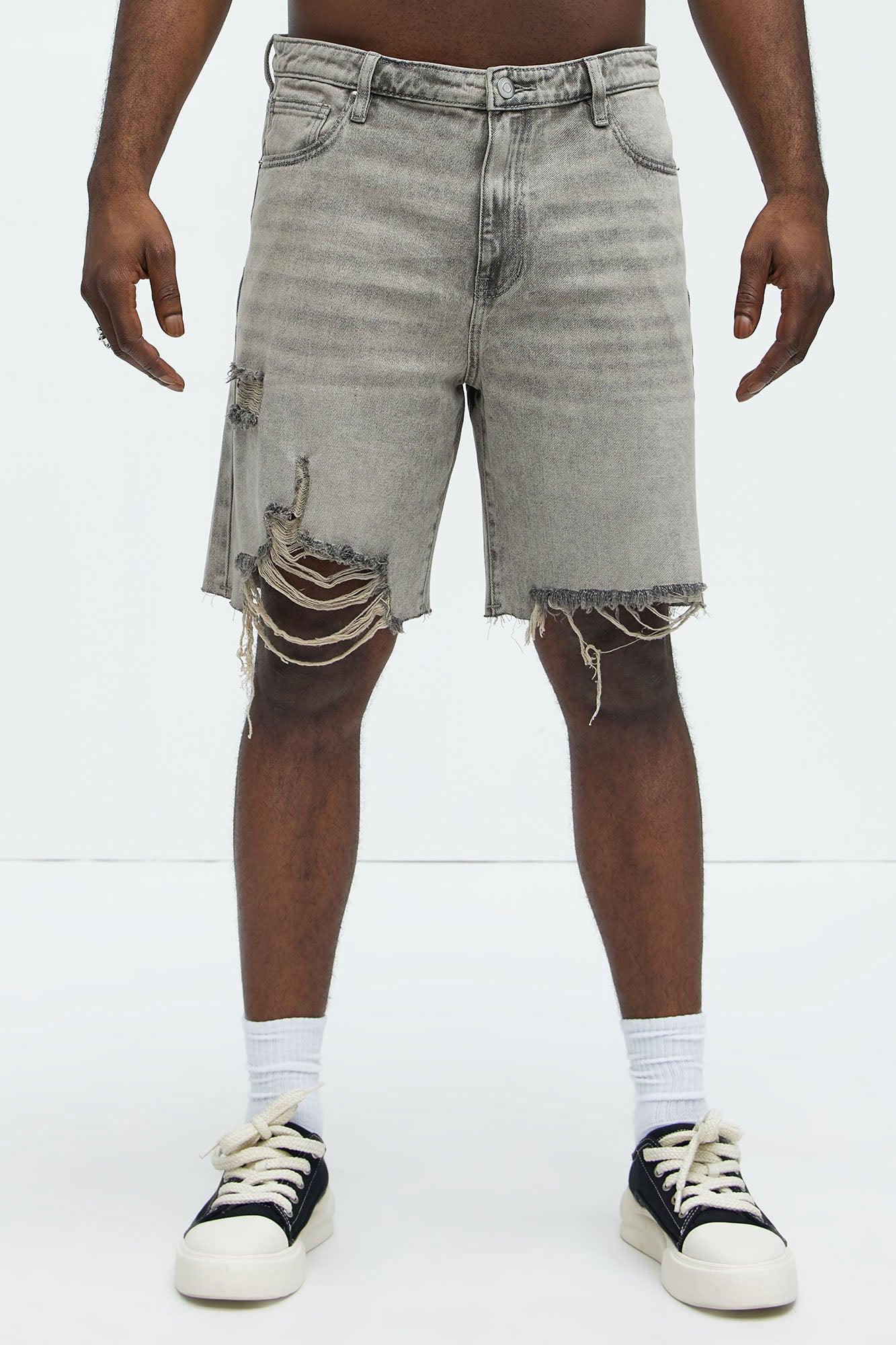 Relaxed Raw Hem Distressed Denim Shorts - Grey/Smoke Product Image