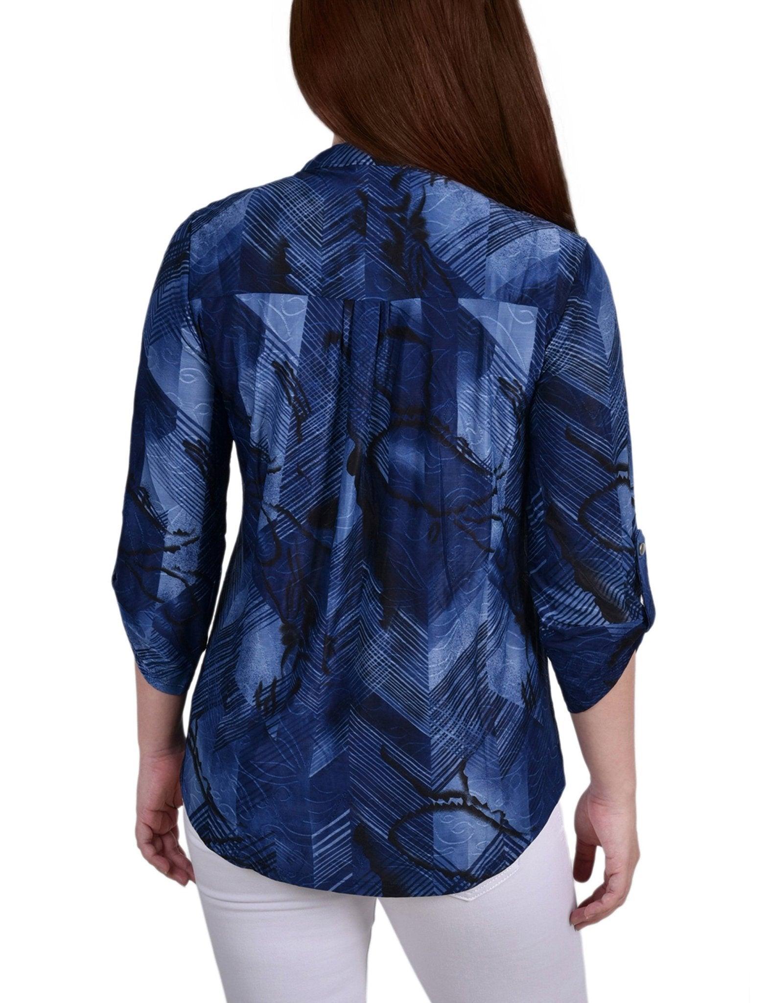 Navy Chervon 3/4 Sleeve Roll Tab Y Neck Top Product Image