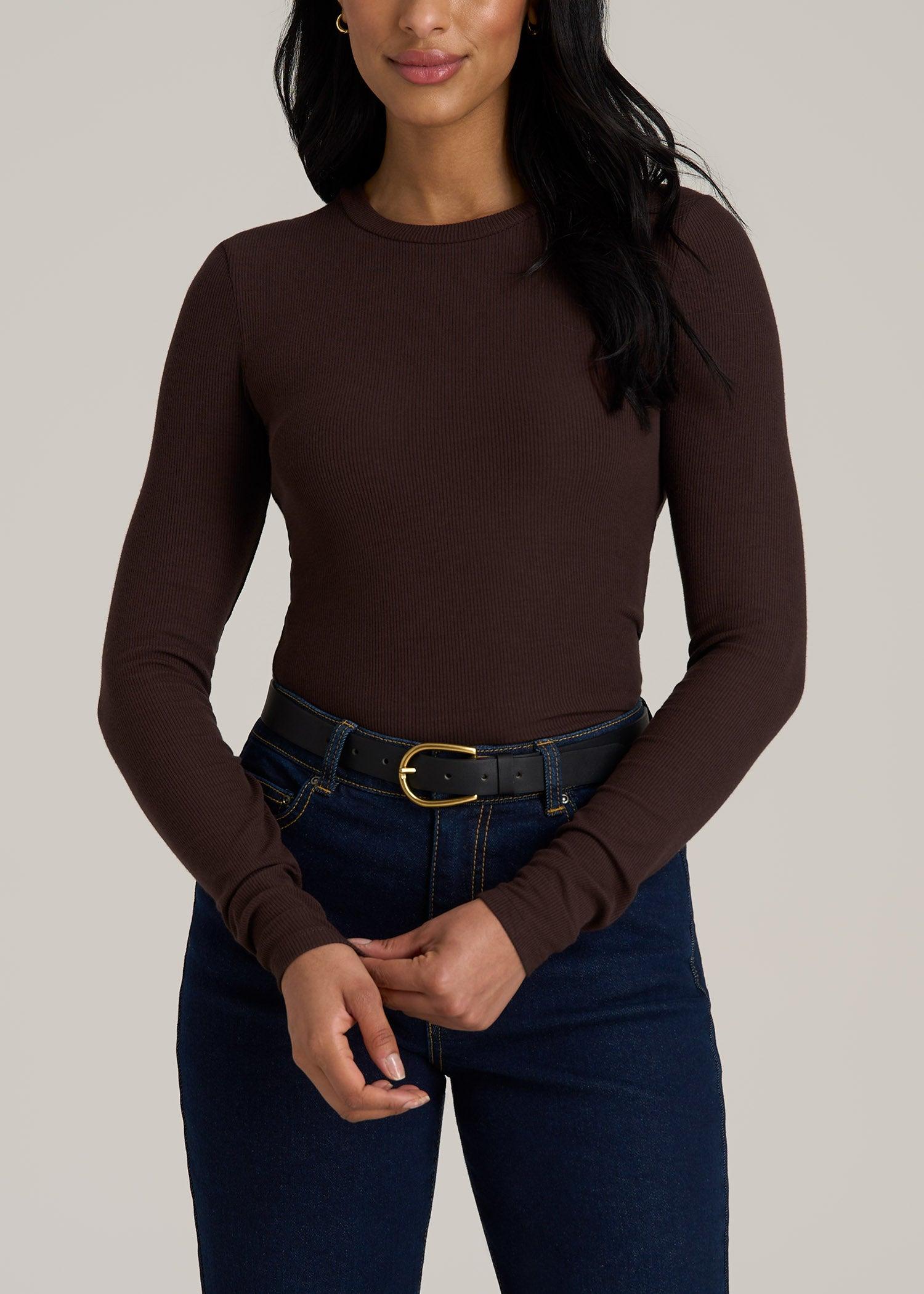 FITTED Ribbed Long Sleeve Tee for Tall Women in Espresso Female Product Image