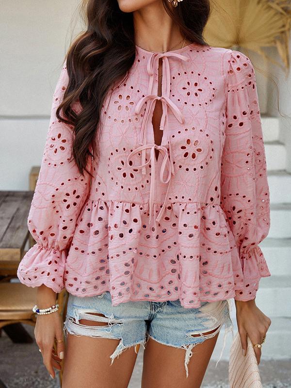 Long Sleeves Loose Elasticity Hollow Pleated Solid Color Tied Round-Neck Blouses&Shirts Tops Product Image