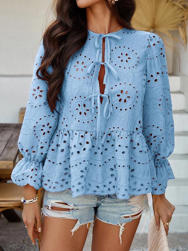 Long Sleeves Loose Elasticity Hollow Pleated Solid Color Tied Round-Neck Blouses&Shirts Tops Product Image