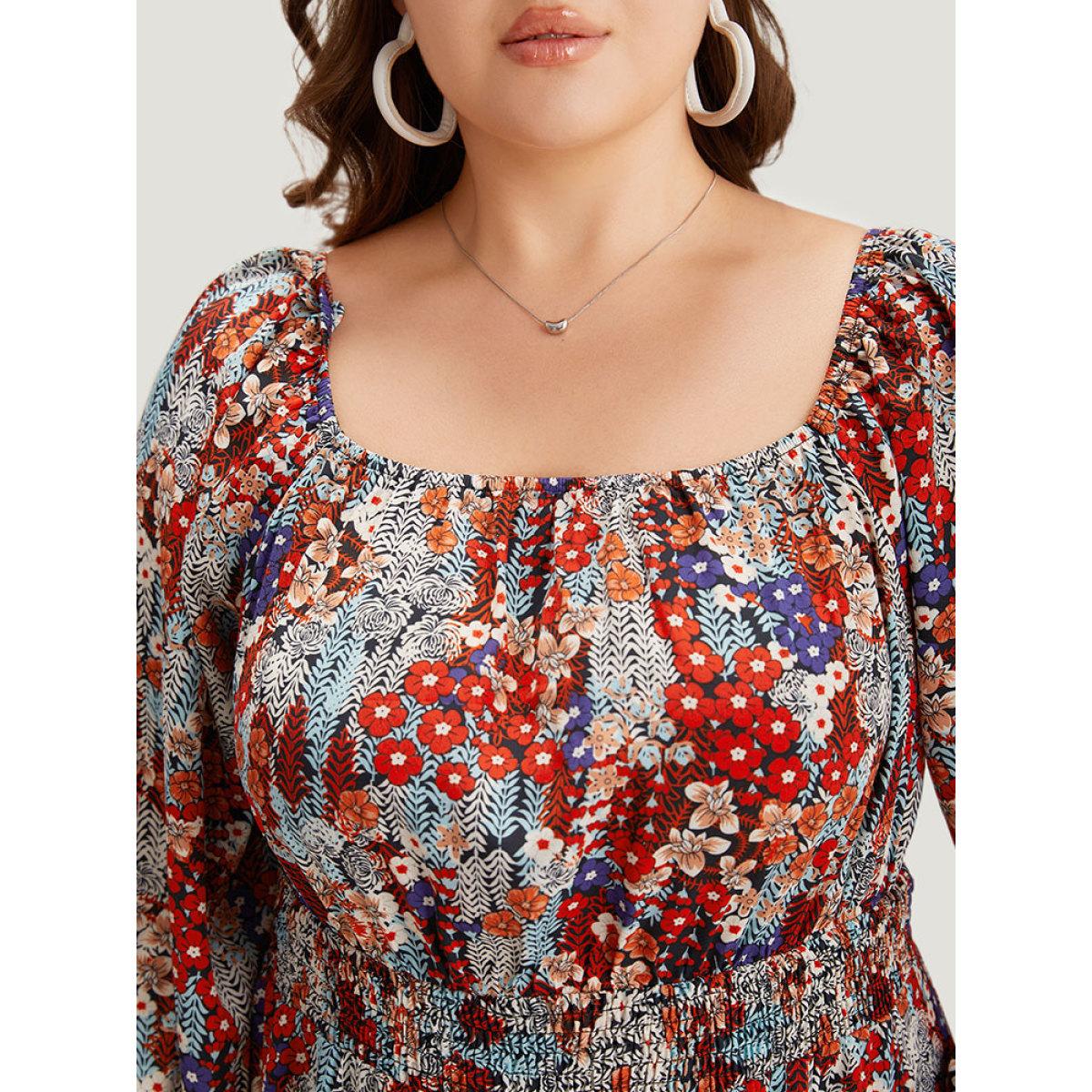Plus Size Floral Print Shirred Square Neck Ruffle Dress Multicolor Women Elegant Elastic cuffs Square Neck Long Sleeve Curvy Midi Dress BloomChic 10/M Product Image