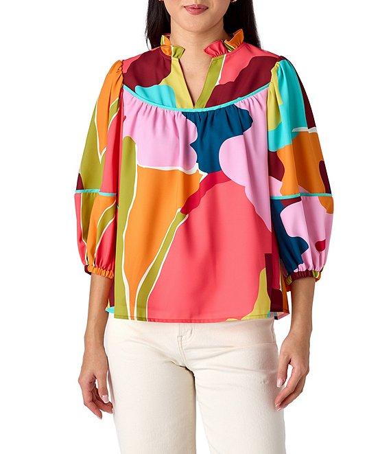 CROSBY by Mollie Burch Rosie Poppy Printed Split V-Neckline Long Sleeve Coordinating Top Product Image