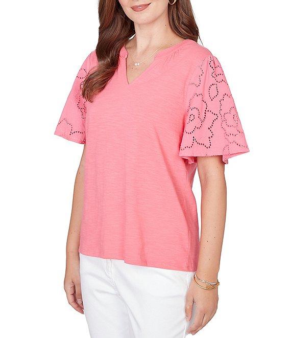 Ruby Rd. Cotton Jersey Knit Split V-Neck Short Eyelet Sleeve Top Product Image