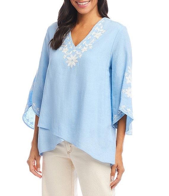 Karen Kane Embroidered V-Neck Linen Blend Flare 3/4 Sleeve Asymmetric Top Product Image