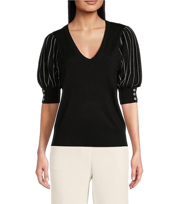 KARL LAGERFELD PARIS Knit Solid V-Neck Short Stripe Puff Sleeve Sweater Product Image