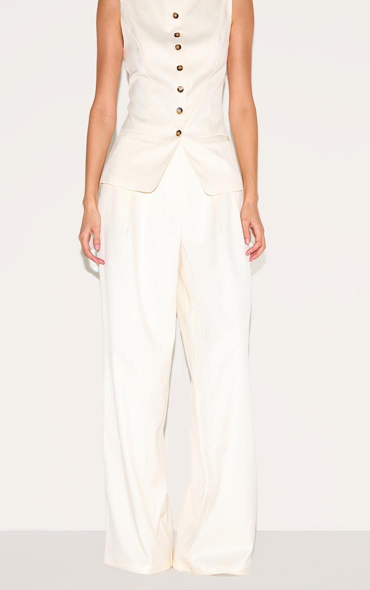 Cream Tailored Woven Pleated Wide Leg Pants Product Image