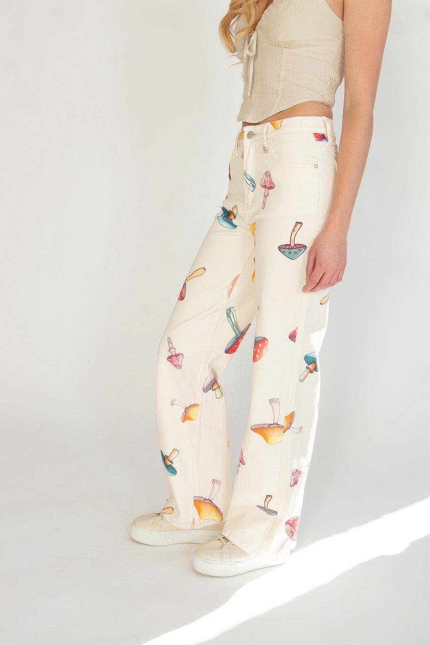 Large Mushroom Print Wide Leg Jeans Product Image