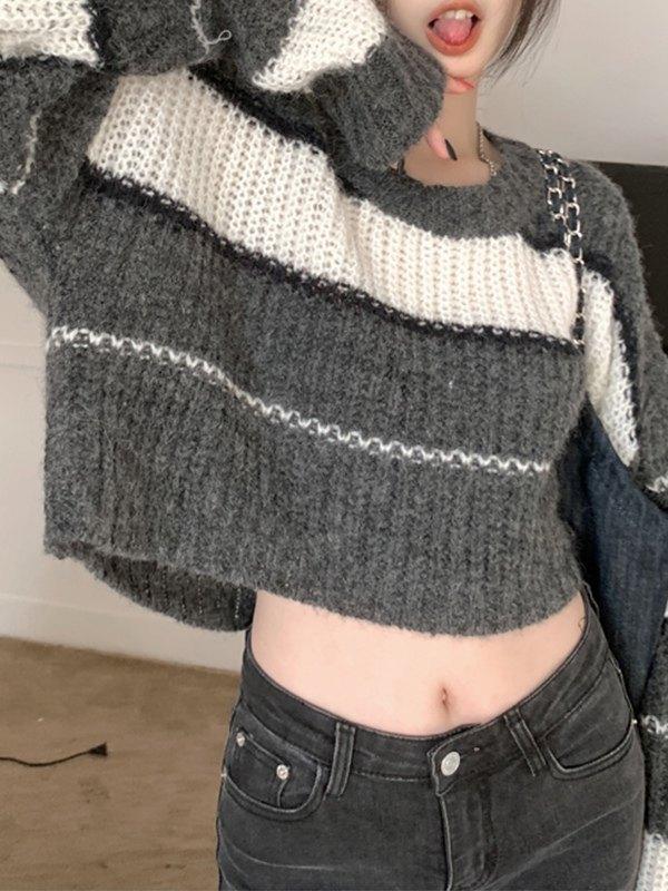Oversized Contrast Striped Cropped Sweater Product Image