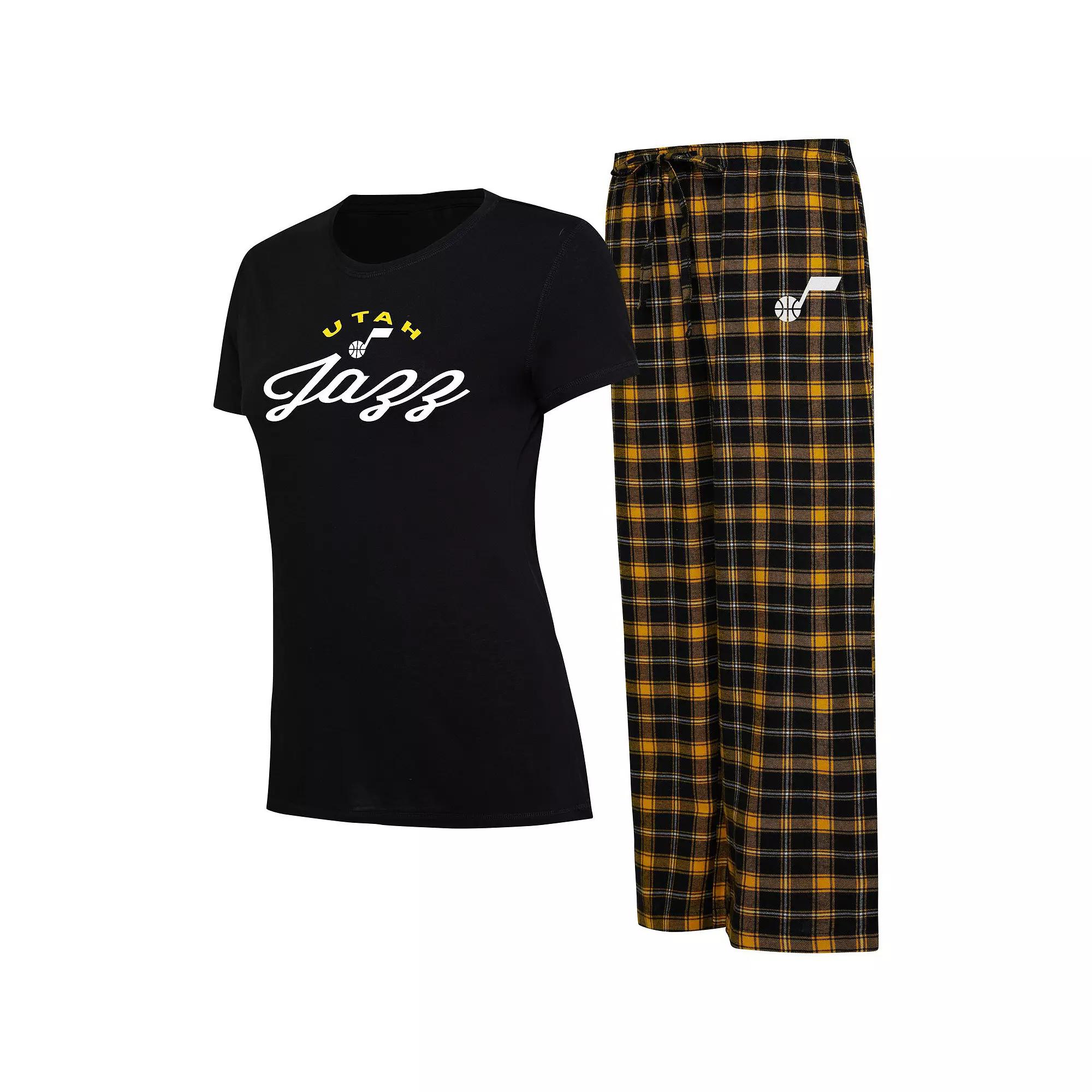Women's College Concepts Black/Gold Utah Jazz Arctic T-Shirt & Flannel Pants Sleep Set, Size: XL, Jaz Black Product Image