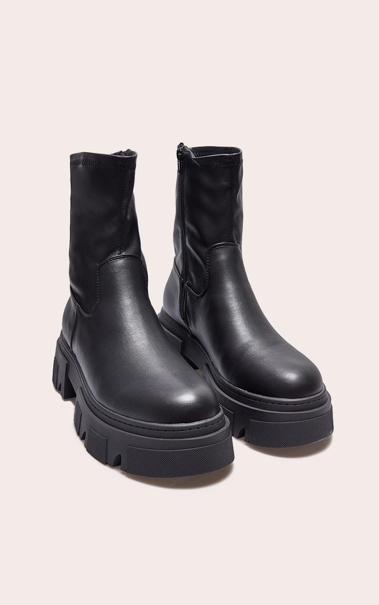 Black Pu Textured Extreme Cleated Sole Ankle Sock Boots Product Image