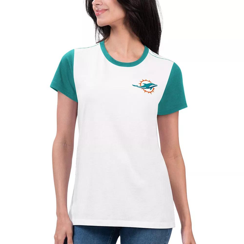 Women's G-III 4Her by Carl Banks White/Aqua Miami Dolphins Fashion Illustration T-Shirt, Size: Large Product Image