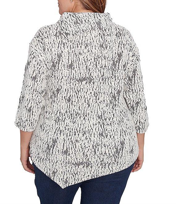 Ruby Rd. Plus Size Knit Faux Fois Bois Print Split Cowl Neck 3/4 Sleeve Asymmetric Hem Sweater Product Image