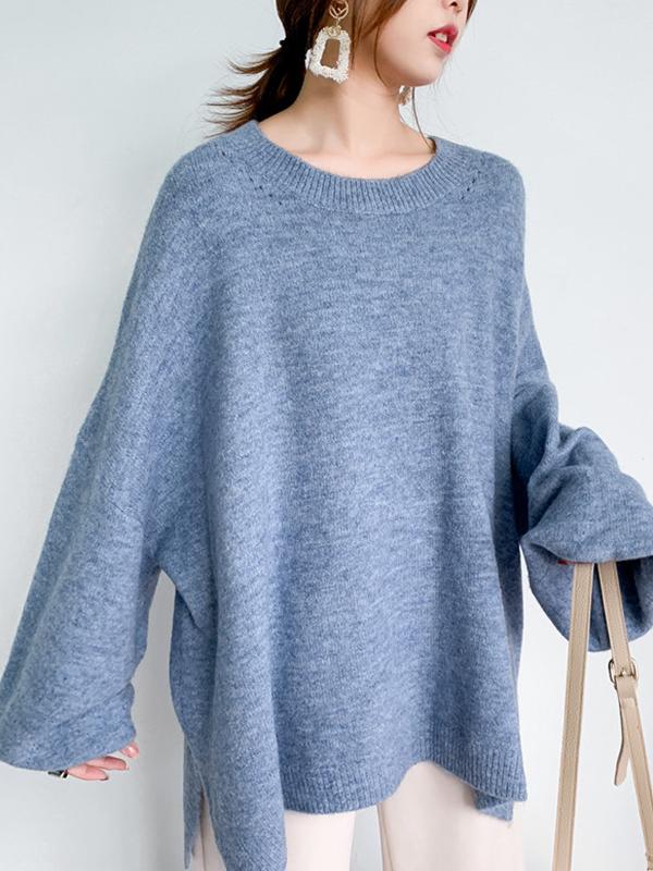 Stretch Mohair-Blend Balloon Sleeves Loose Solid Round-Neck Sweater Tops Product Image