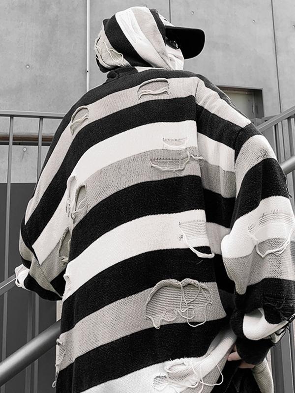 Men's Contrast Striped Ripped Hooded Sweater Product Image