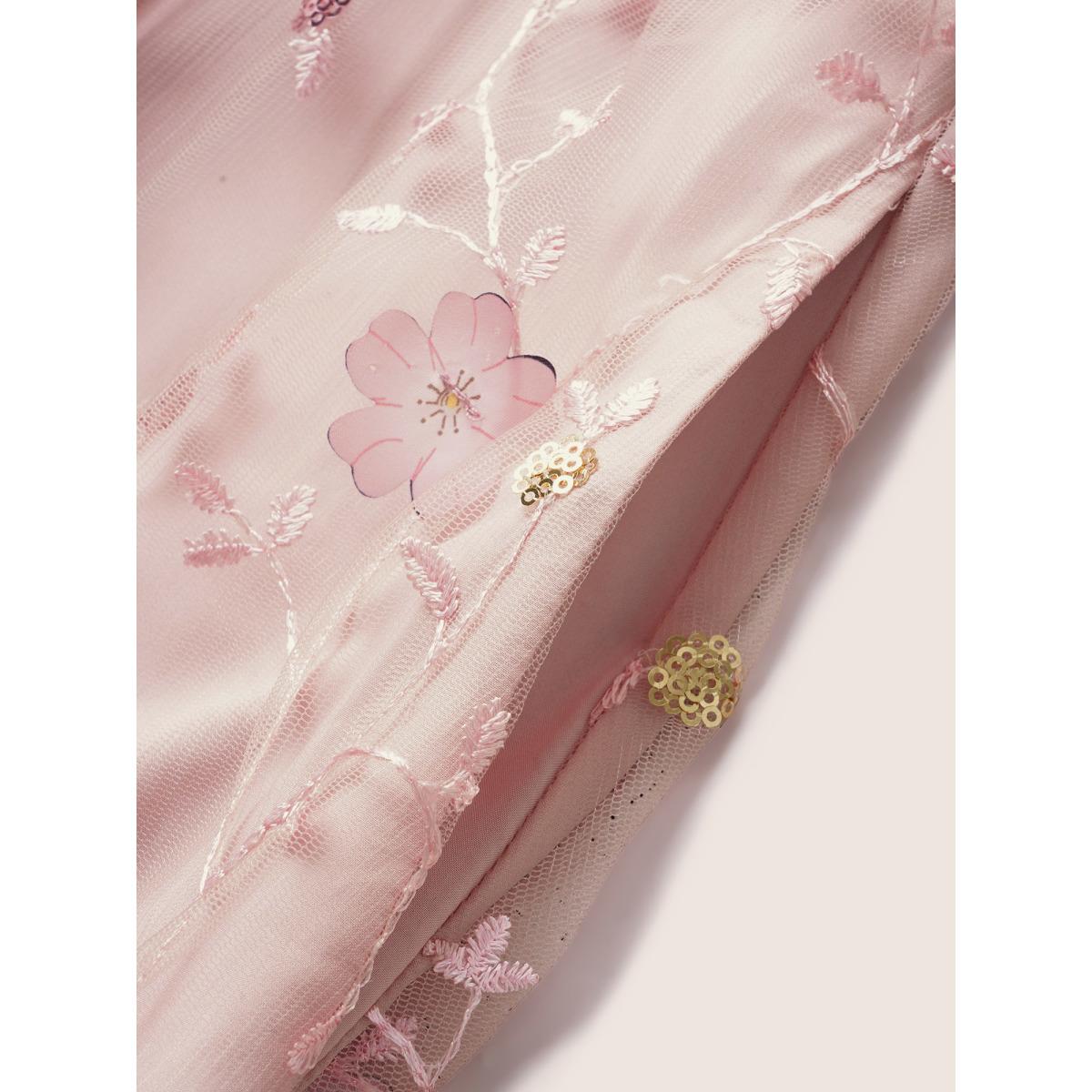 Plus Size Heart Neckline Floral Embroidered Sequin Mesh Dress Watermelon Women Formal Texture Heart neckline Half Sleeve Curvy BloomChic 10/M Product Image