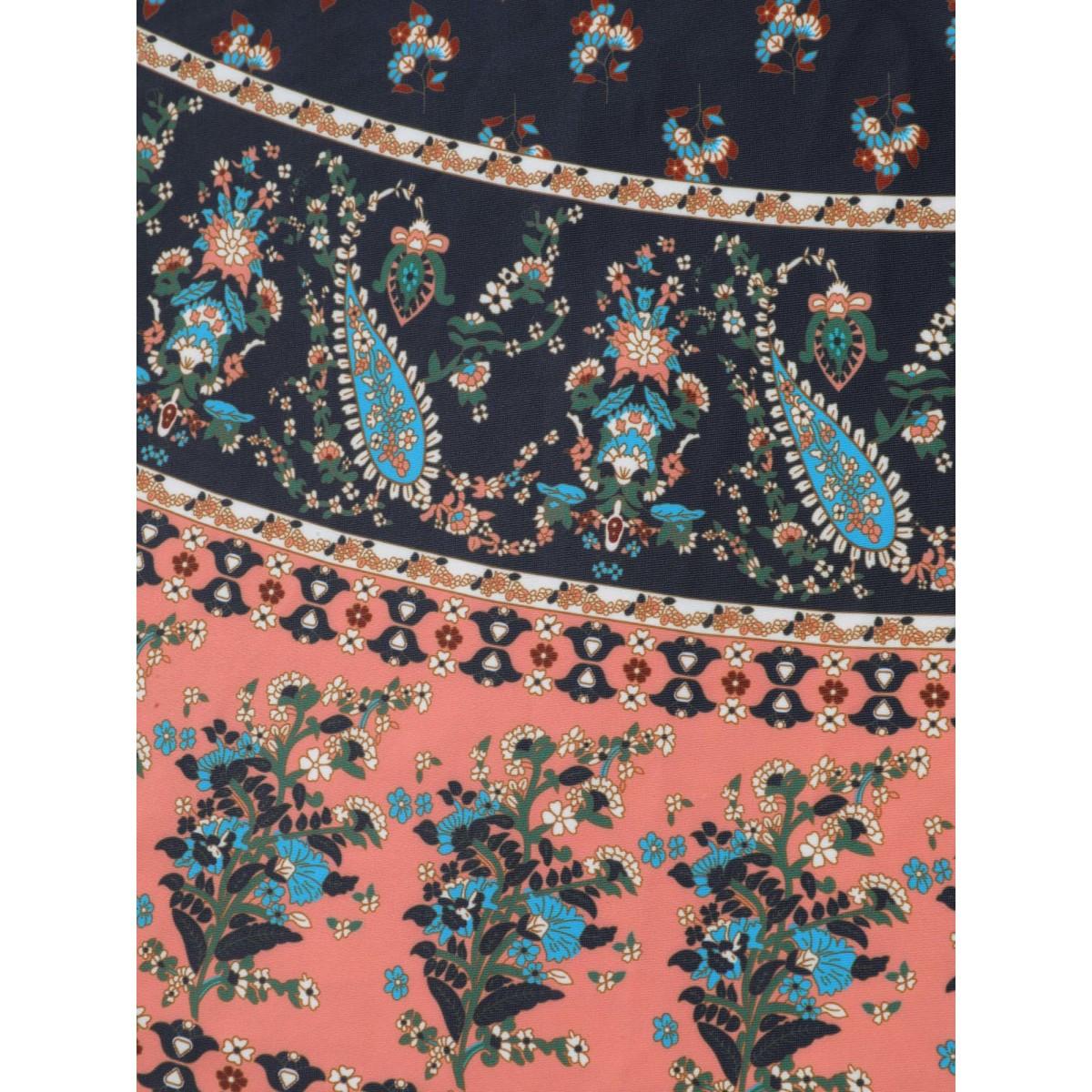 Plus Size Boho Print Surplice Neck Contrast Swim Dress Women's Swimwear DarkBlue Resort Bodycon Overlap Collar High stretch Curve Swim Dresses BloomChic 12/L Product Image