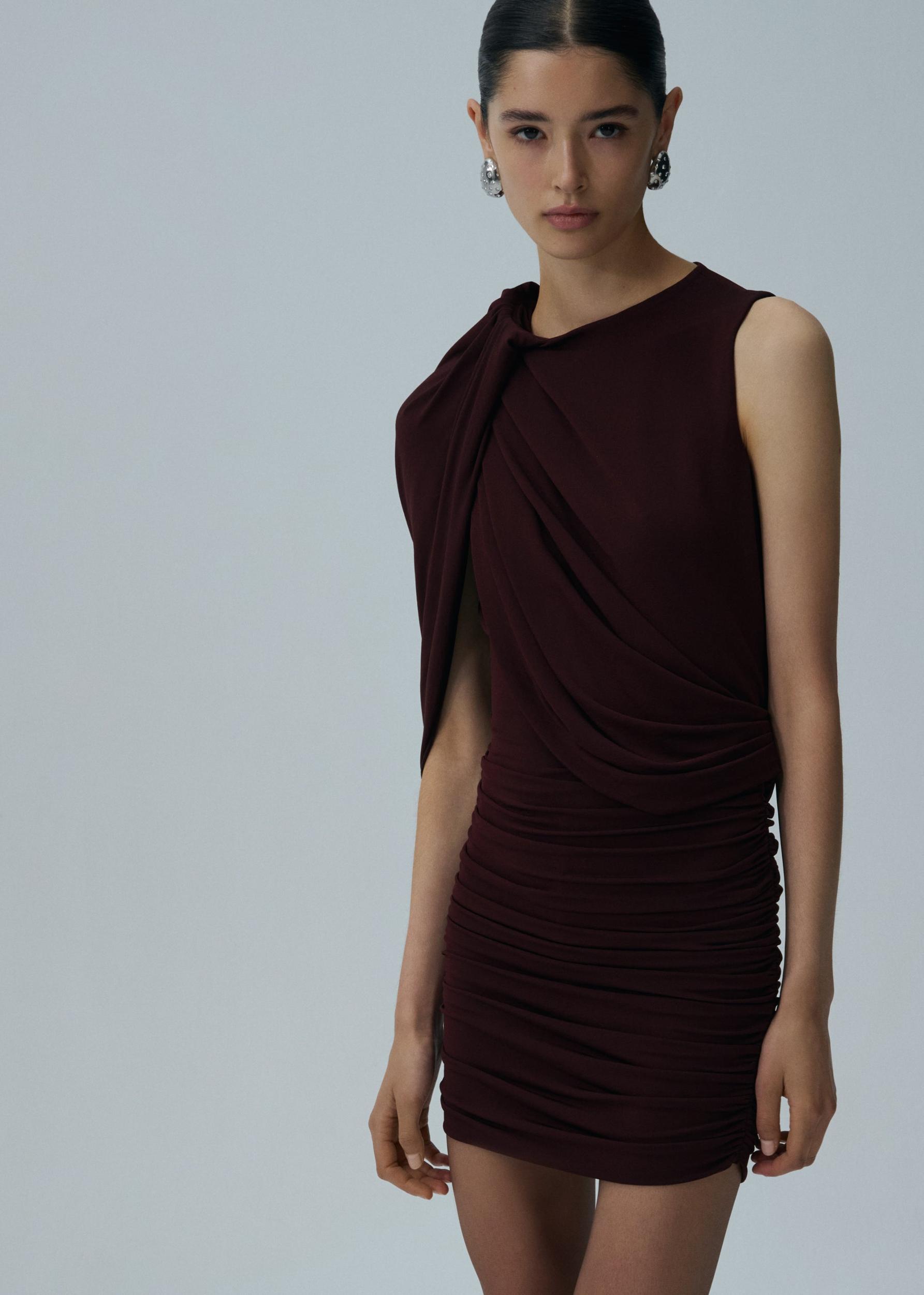 Asymmetrical draped mini dress in bordeaux Product Image