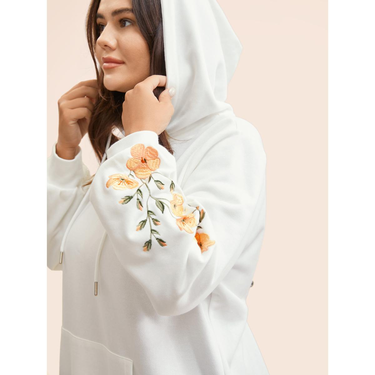 Plus Size Floral Embroidered Hooded Drawstring Sweatshirt Women WhiteSmoke Elegant Embroidered Hooded Everyday Sweatshirts BloomChic 28/5X Product Image