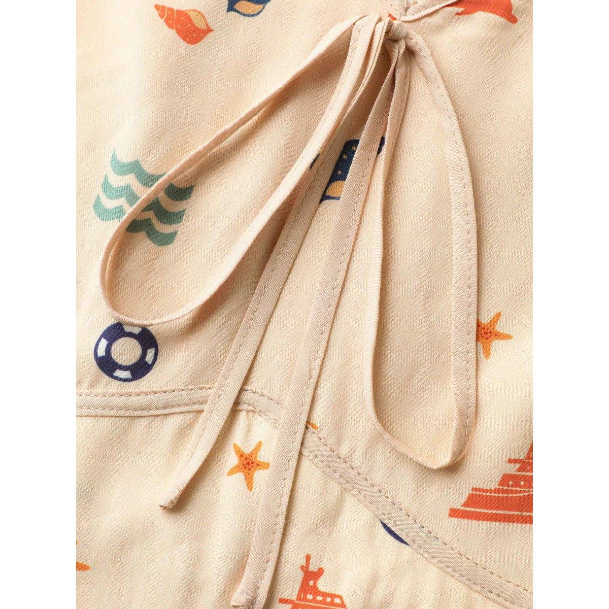 Plus Size Rayon Ocean Print Cinched Waist Midi Dress Tan Women V-neck Sleeveless Curvy BloomChic 26/4X Product Image