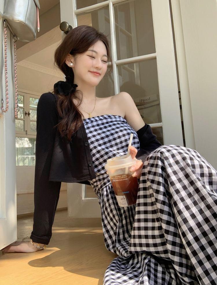 Maternity Open Front Plain Cardigan / Spaghetti Strap Plaid Midi A-Line Dress Product Image