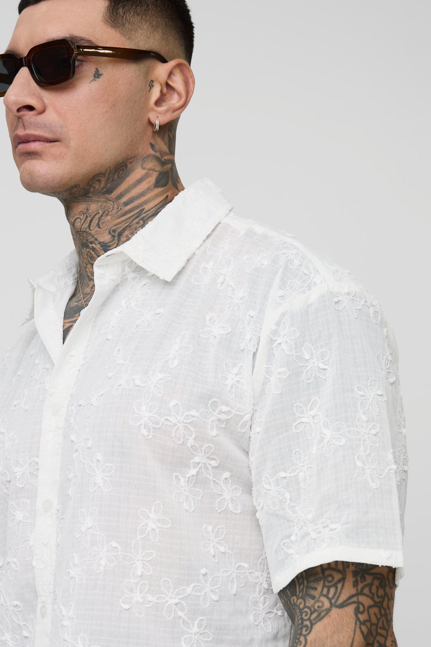 Tall Oversized Floral Embroidered Shirt | boohooMAN USA Product Image