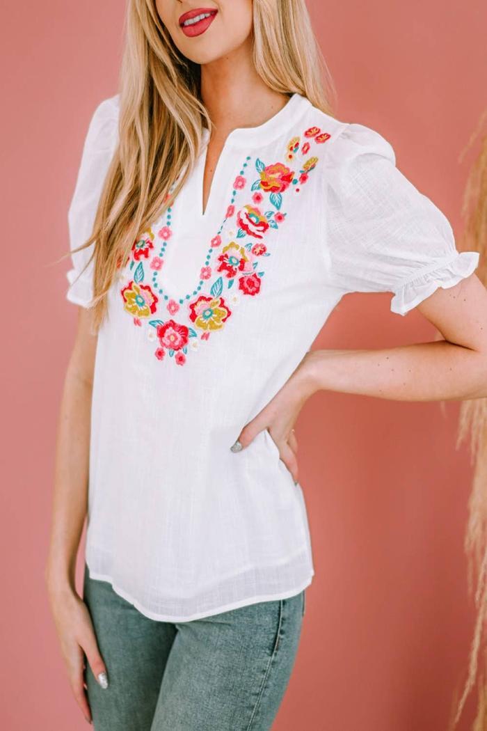 White Floral EmbroideRed Ruffled Puff Sleeve Product Image