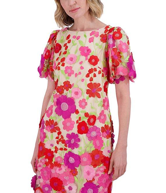 Eliza J 3D Embroidered Floral Mesh Boat Neck Short Sleeve Sheath Mini Dress Product Image