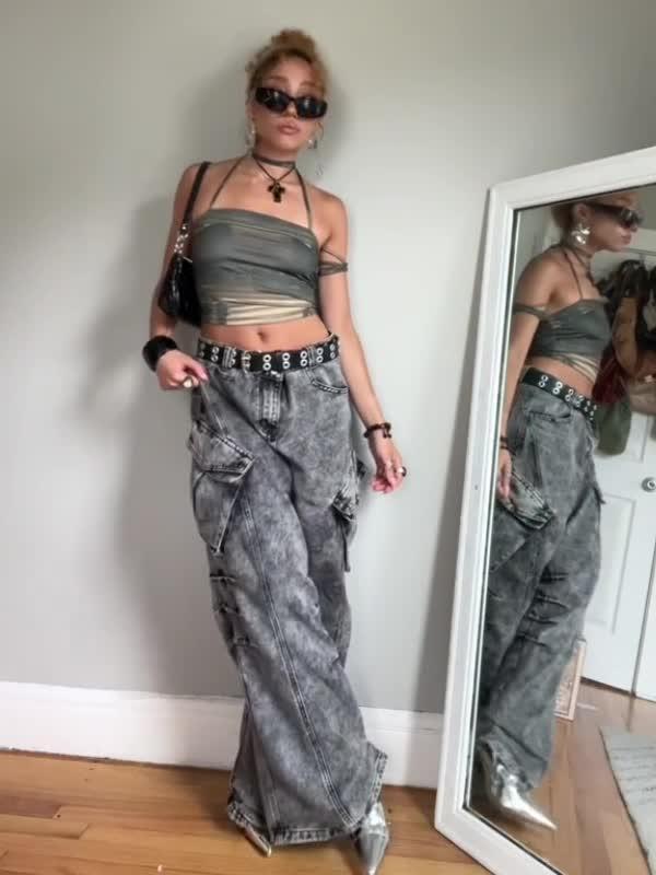 Acid Washed Baggy Cargo Jeans Product Image