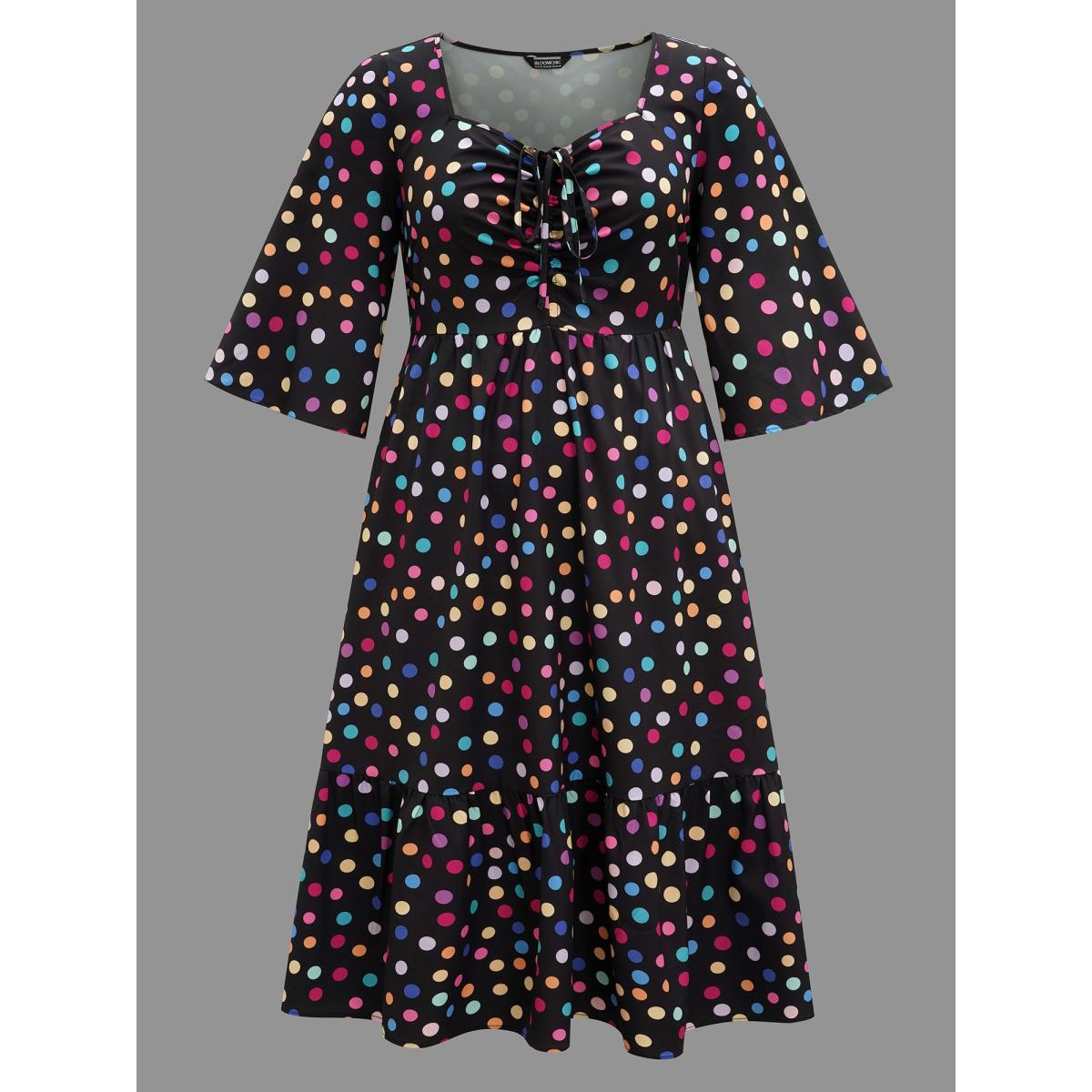 Plus Size Multi-Color Dots Sweetheart Neckline Midi Dress Multicolor Women Elegant Drawstring Heart neckline Elbow-length sleeve Curvy BloomChic 22-24/3X Product Image