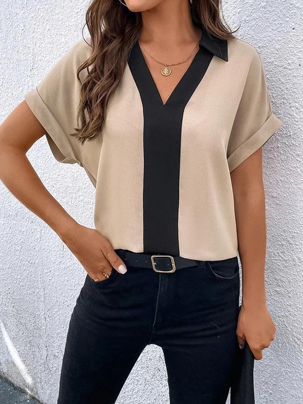 Loose Short Sleeves Contrast Color V-Neck T-Shirts Tops Product Image