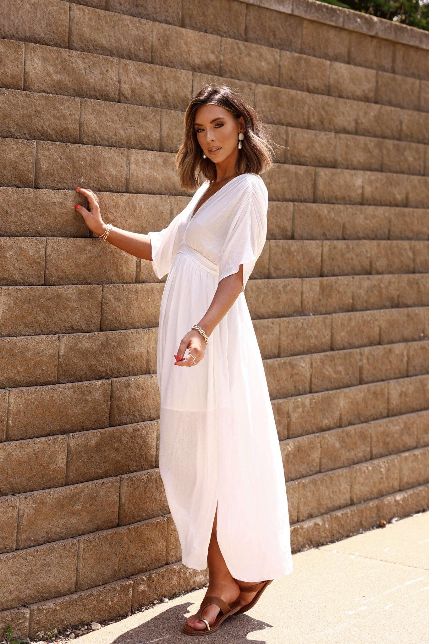 Angelica White Plunging V Neck Maxi Dress - FINAL SALE Product Image