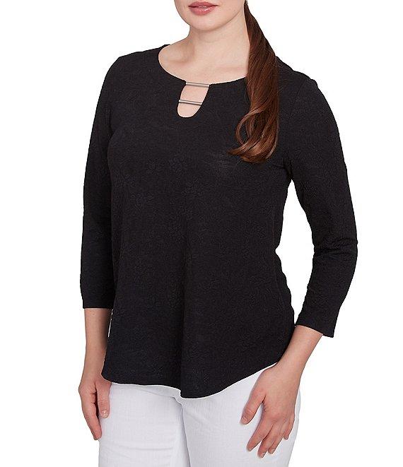 Ruby Rd. Solid Paisley Floral Textured Knit Double Bar Detail Top Product Image