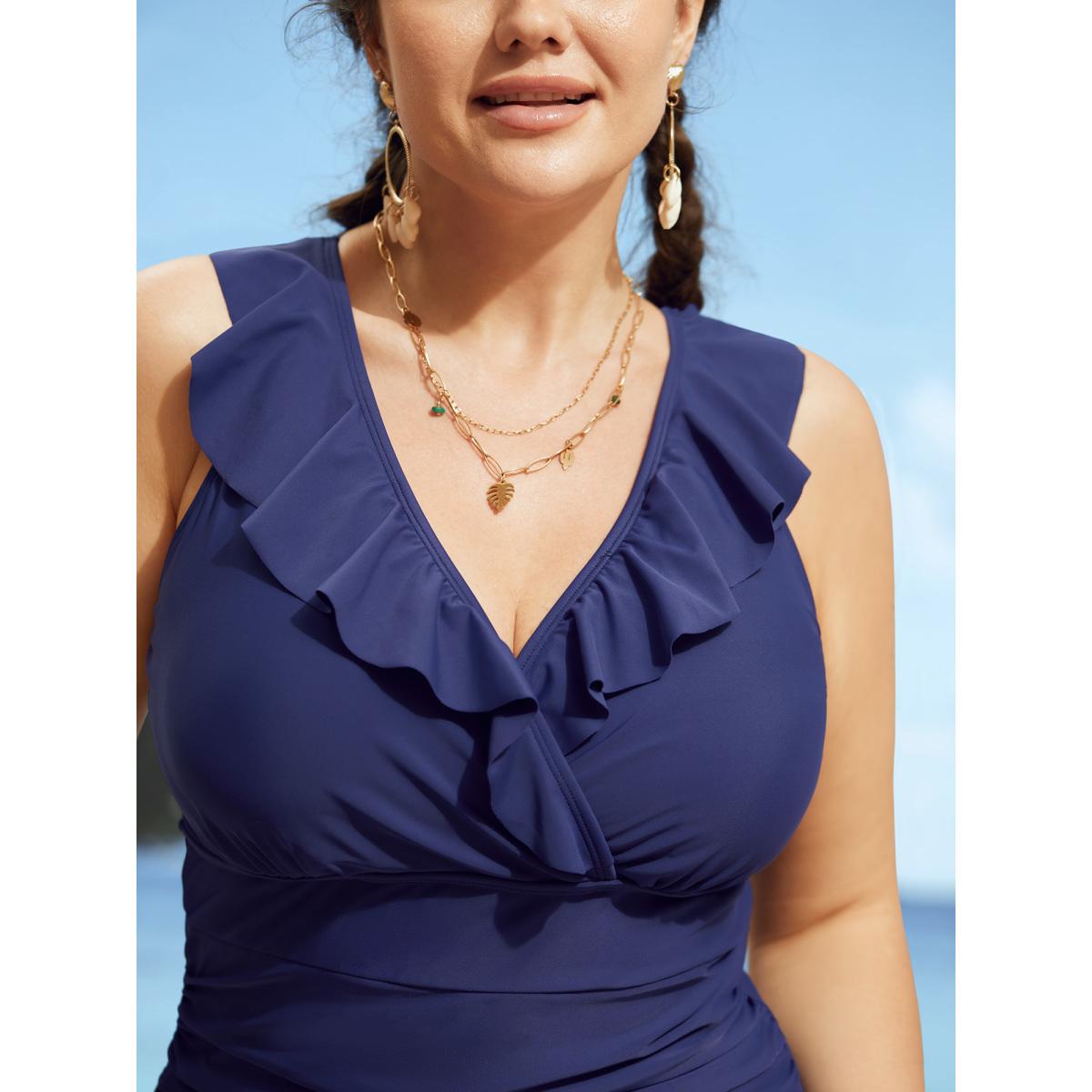 Plus Size Plain Ruffle Trim Gathered One Piece Swimsuit Women's Swimwear Navy Beach Gathered Curve Bathing Suits High stretch One Pieces BloomChic 14-16/1X Product Image
