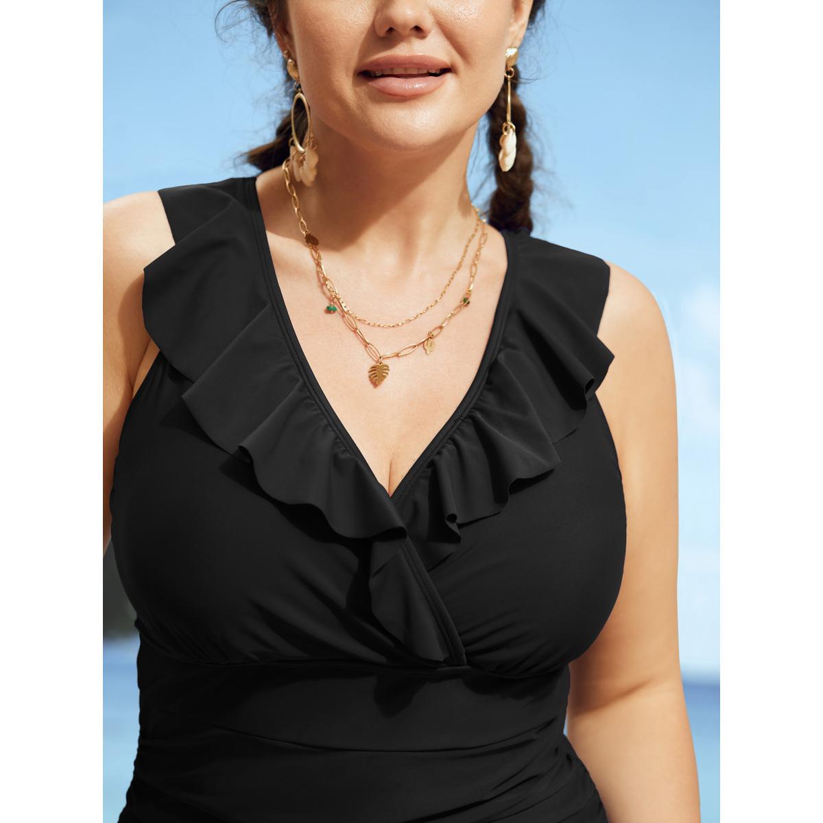 Plus Size Plain Ruffle Trim Gathered One Piece Swimsuit Women's Swimwear Black Beach Gathered Curve Bathing Suits High stretch One Pieces BloomChic 12/L Product Image