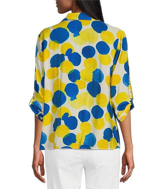 Multiples Petite Size Crinkle Woven Printed Point Collar 3/4 Cinched Tab Cuff Button Front Shirt Product Image
