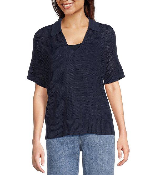 Eileen Fisher Organic Cotton Blend Open Weave Collar V-Neck Short Sleeve Top Product Image