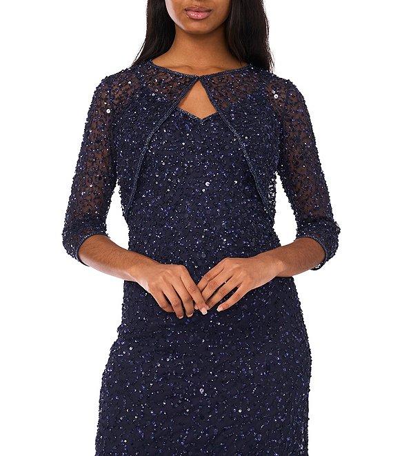 Pisarro Nights Beaded Mesh V-Neck 3/4 Sleeves A-Line 2-Piece Jacket Dress Product Image