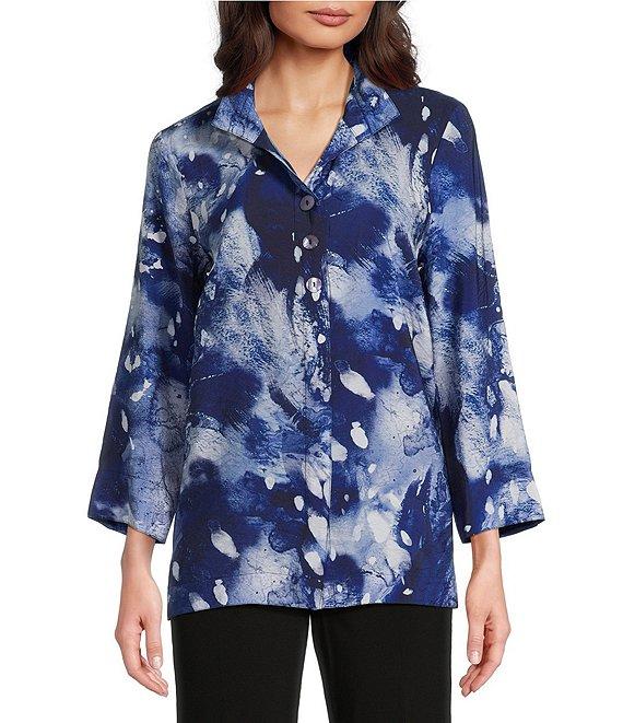 Ali Miles Woven Abstract Print Wire Collar 3/4 Sleeve Hi-Low Hem Button Front Tunic Product Image