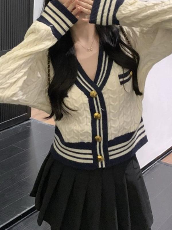 V Neck Striped Trim Splice Cable Knit Short Cardigan Product Image