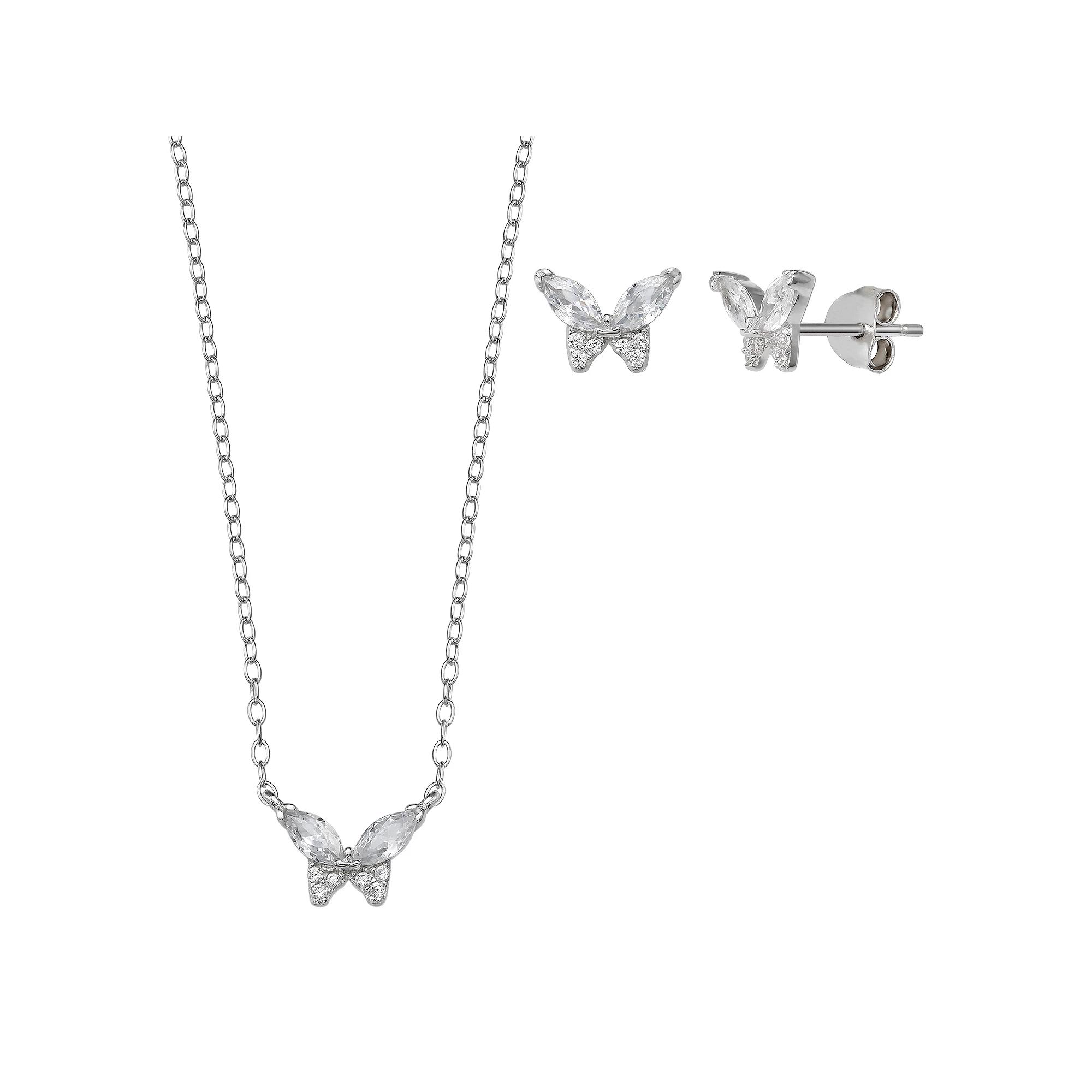 PRIMROSE Sterling Silver Cubic Zirconia Butterfly Stud Earrings & Pendant Necklace Set, Women's, Size: 18" Product Image