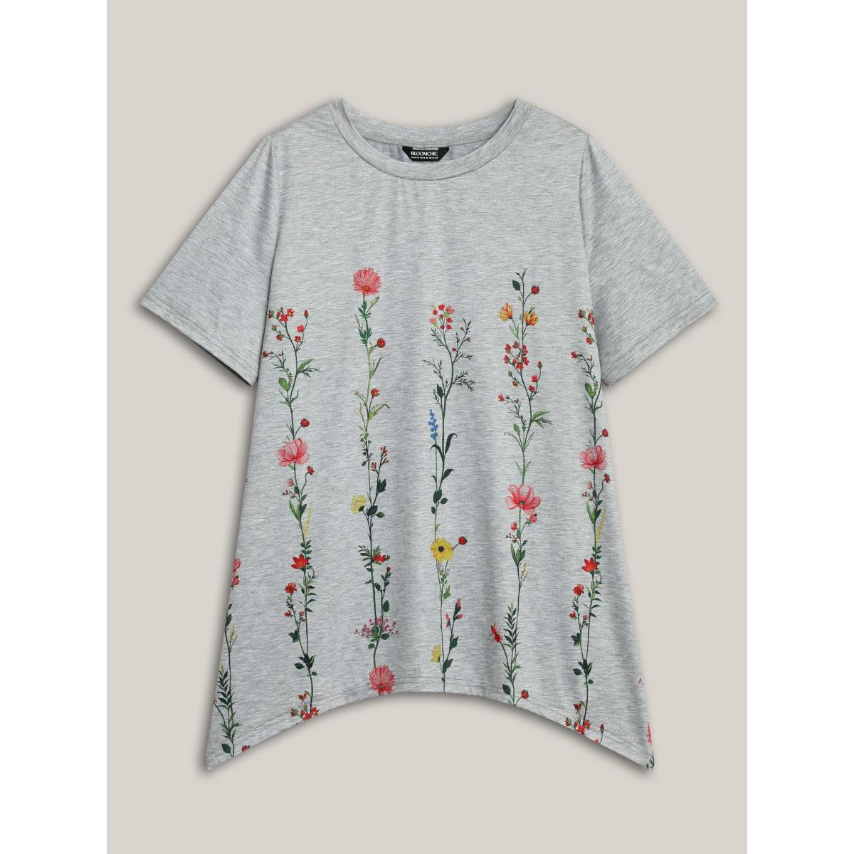 Plus Size Stretchy Hi-Low Hem Floral T-Shirt LightGray Women Timeless Asymmetrical Natural Flowers Round Neck Loose Elegant T-shirts BloomChic 14-16/1X Product Image