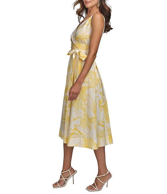 Donna Karan V-Neck Floral Print Cotton Sateen A-Line Midi Dress Product Image