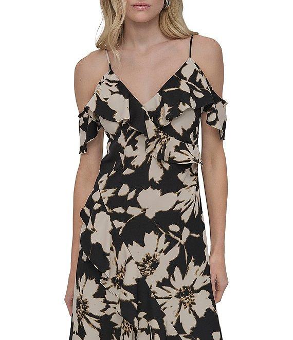 DKNY by Donna Karan Crepe Floral Print V Neck Sleeveless Ruffle Sheath Midi Dress Product Image