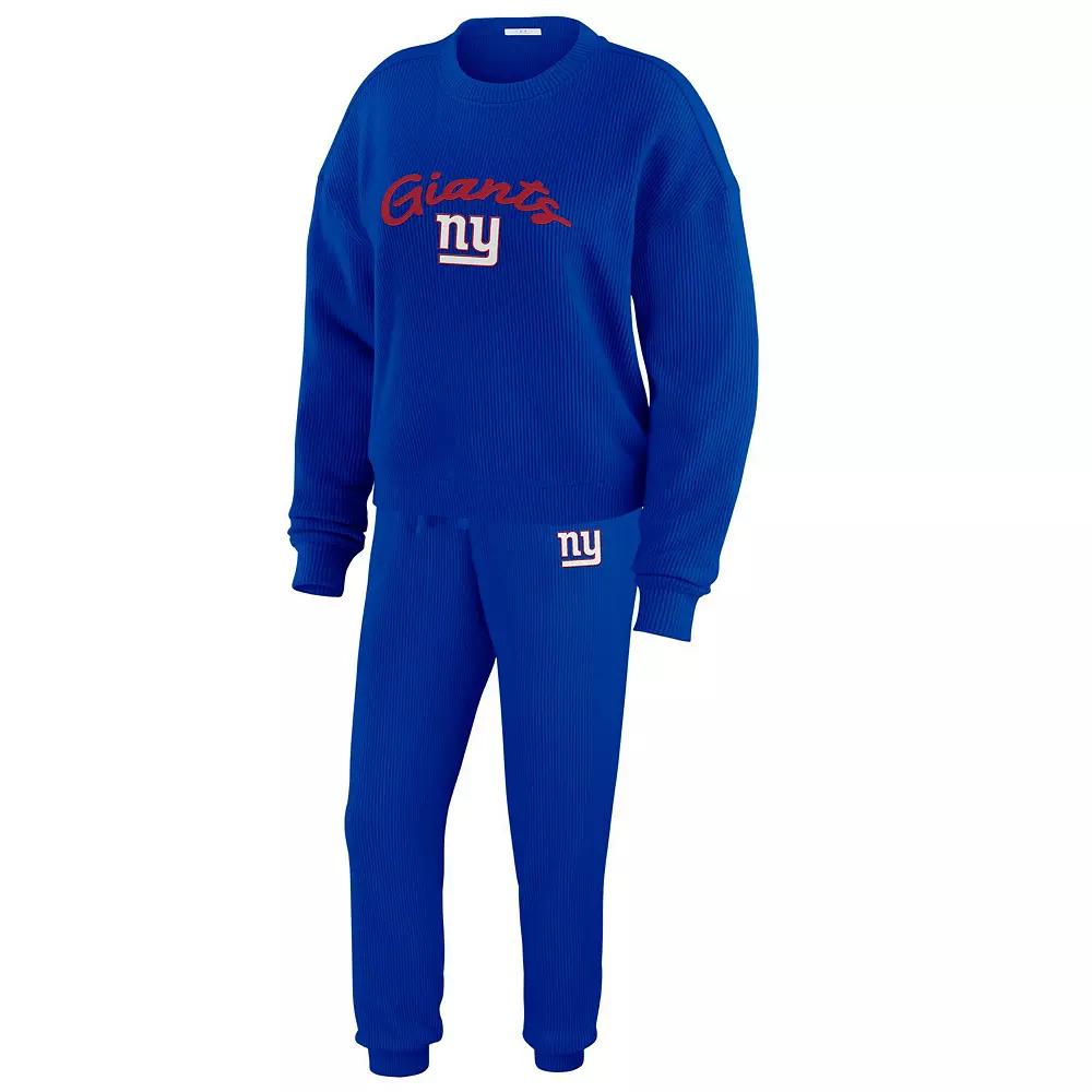 Women's WEAR by Erin Andrews Cream New York Giants Knitted Tri-Blend Long Sleeve T-Shirt & Pants Lounge Set,  Product Image