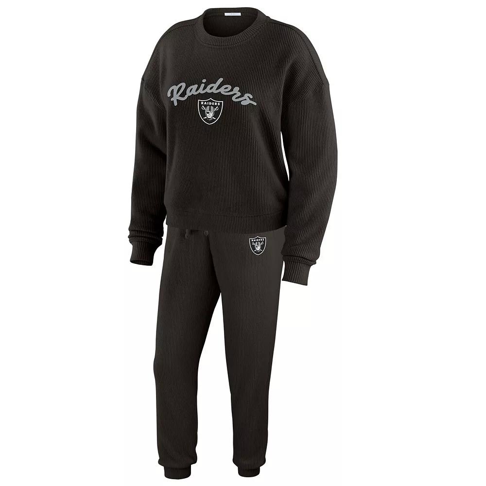 Women's WEAR by Erin Andrews Cream Las Vegas Raiders Knitted Tri-Blend Long Sleeve T-Shirt & Pants Lounge Set,  Product Image