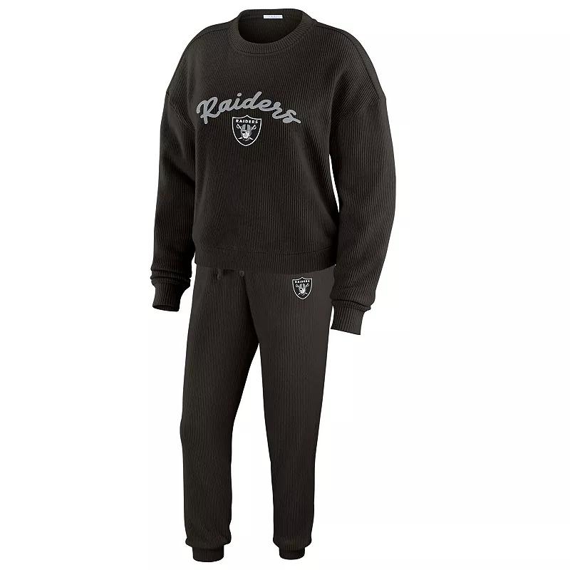 Women's WEAR by Erin Andrews Cream Las Vegas Raiders Knitted Tri-Blend Long Sleeve T-Shirt & Pants Lounge Set,  Product Image