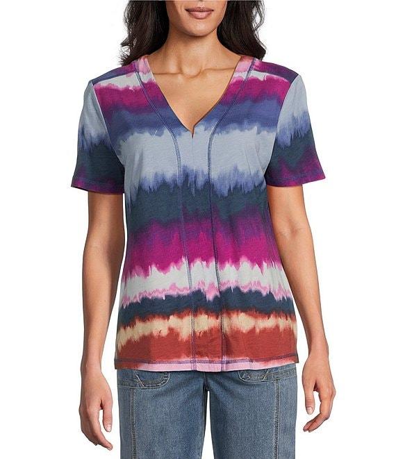 Westbound Petite Size Wavy Stripe Short Sleeve V-Neck Top Product Image
