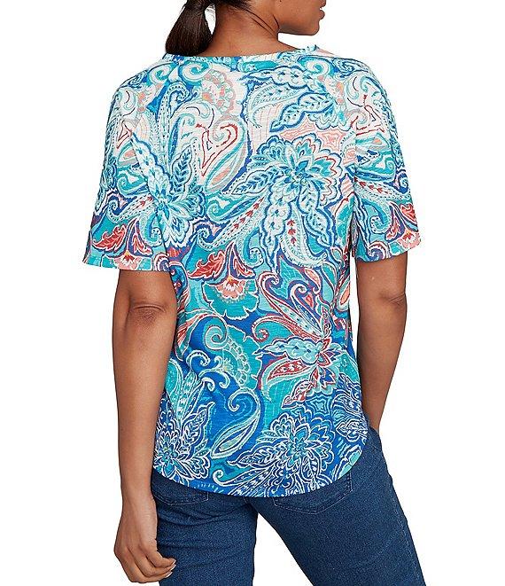 Ruby Rd. Slub Jersey Knit Paisley Border Print Scoop Neck Short Sleeve Tee Product Image