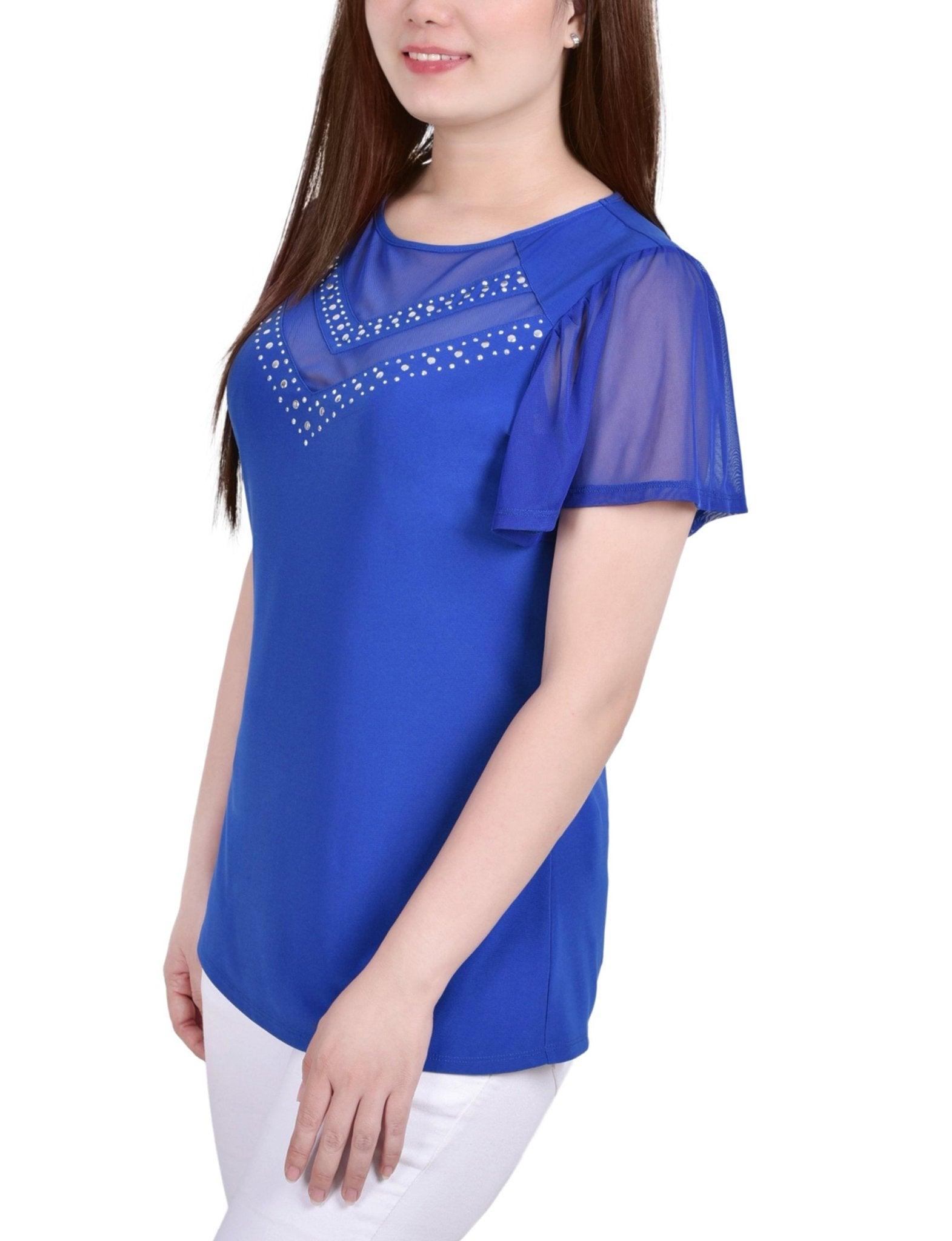 Victoria Blue Studded Short Flutter Sleeve Top With Mesh Details - Petite Product Image